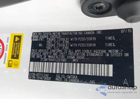 2015 Lexus Rx 350 z USA, uszkodzony, nr VIN 2T2BK1BA6FC331982